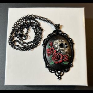 Skull rose Cabochon day of the dead womens necklace